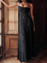 Spaghetti Strap Lace Black Long Dress