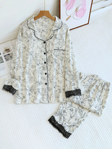 Lace Trim Floral Printed Long Sleeve Pajama Set