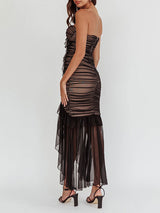 Strapless Pleated Mesh Midi Dress