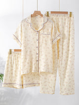 Small Floral Printed Short Sleeve 3Pcs Pajama Set