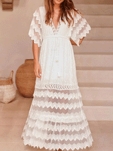 Lace Boho V-Neck Short Sleeve Maxi Dress