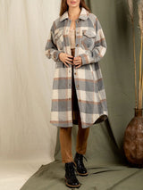 Lapel Pocket Patch Long Plaid Shirt Jacket