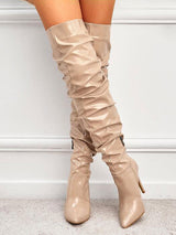 Pleated Leather Thigh High Boots