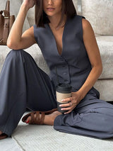 V-neck Single Breasted Vest Jacket Set