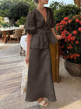 Lace-up Shirt and Maxi Skirt Two Piece Set