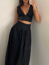 V Neck Top & High Waist Skirt Set