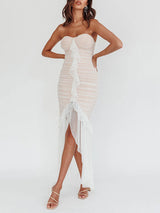 Strapless Pleated Mesh Midi Dress