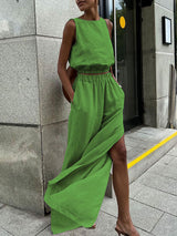 Linen Sleeveless Top With Split Pants Set