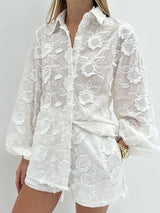 Embroidered Sheer White Shirt & Shorts Set