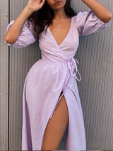 Puff Sleeve Wrap Midi Dress
