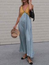 V Neck Contrast Color Maxi Dress