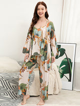 3Pcs Print Camisole Top Cardigan Pajama