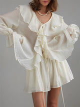Ruffle Frill Long Sleeve Shirt & Shorts Set