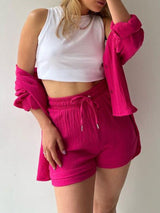 Lapel Shirt Drawstring Shorts Set