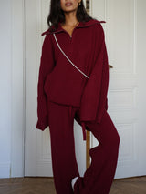 Knit Solid Color Zipper Top & Straight Pant Set