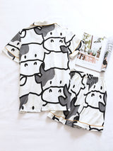 Cartoon Cow Print Button Up Pajama Set