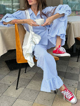 Ruffle Sleeve Plaid Shirt & Pants Set