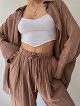 2Pcs Loose Solid Shirt Lounge Set