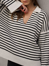 Lapel Striped Loose Pullover Knit Sweater
