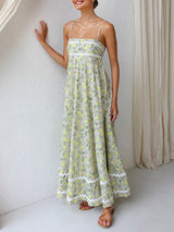 Spaghetti Straps Lemon Print Floral Maxi Dress