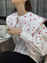 Ruffled Trim Collar Heart Polka Dot Button Shirt