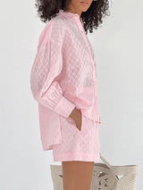 Puff Sleeve Solid Button Front Shirt & Shorts