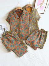 3Pcs Crepe Vintage Floral Pajamas