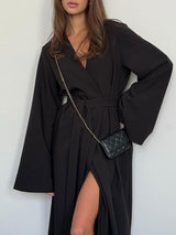 Slit Long Sleeve Tie Waist Dress