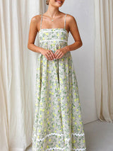 Spaghetti Straps Lemon Print Floral Maxi Dress