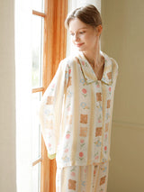 Bear and Floral Print Cotton Pajamas