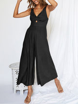 V Neck Hollow Pleated Wide Leg Jumpsuits