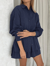 Puff Sleeve Solid Button Front Shirt & Shorts