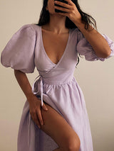 Puff Sleeve Wrap Midi Dress