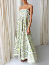 Spaghetti Straps Lemon Print Floral Maxi Dress