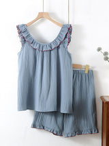 Ruffle Trim Cotton Pajama Set
