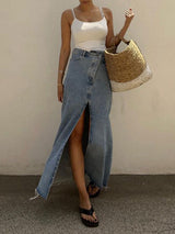 Split Long Denim Maxi Skirt