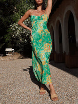 Square Neck Printed Green Maxi Dress