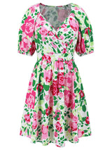 V Neck Flower Print Lantern Sleeve Mini Dress