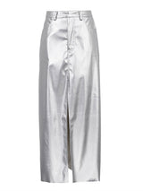 Front Split Silver Color Leather Midi Skirt