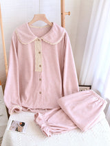 Long Sleeve Collared Panel Lace Pajama Set