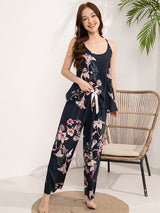 3Pcs Print Camisole Top Cardigan Pajama