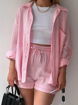 Lapel Shirt Drawstring Shorts Set