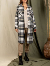 Lapel Pocket Patch Long Plaid Shirt Jacket