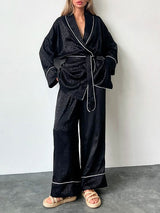 Long Sleeved Satin Jacquard Black Robe Set