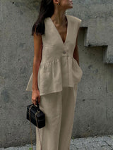 V Neck Sleeveless Vest & Long Pant Set