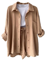 Lapel Shirt Drawstring Shorts Set