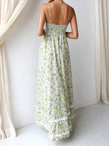 Spaghetti Straps Lemon Print Floral Maxi Dress