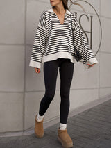 Lapel Striped Loose Pullover Knit Sweater