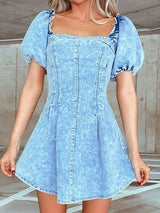 Puff Sleeve Sqaure Neck Denim Mini Dress