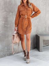 Corduroy Belt Button Down Mini Dress